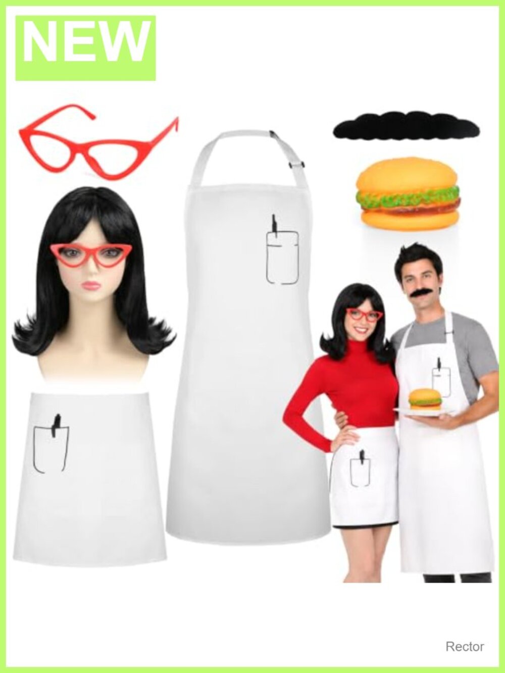 MOVINPE Burger Shop Couple Costume Set Adults Chef Waitress Aprons Wig Beard